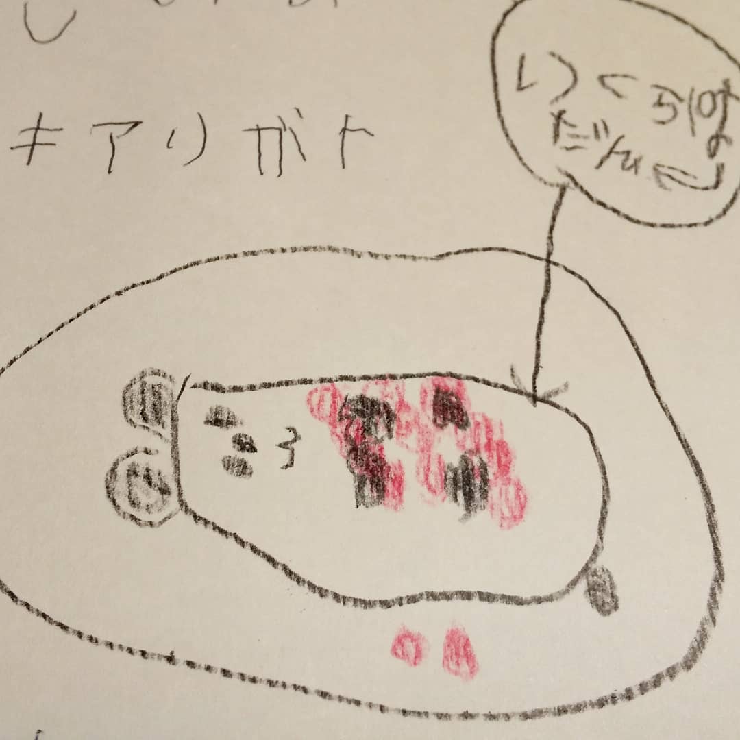 長女5歳が、見本を見ながら初めて描いた、だっこずしのいくらぱんだ。